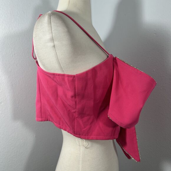 Main Strip Crop Top Womens L Pink Bow Rhinestones Romantic Feminine 90s Y2k - Picture 4 of 9